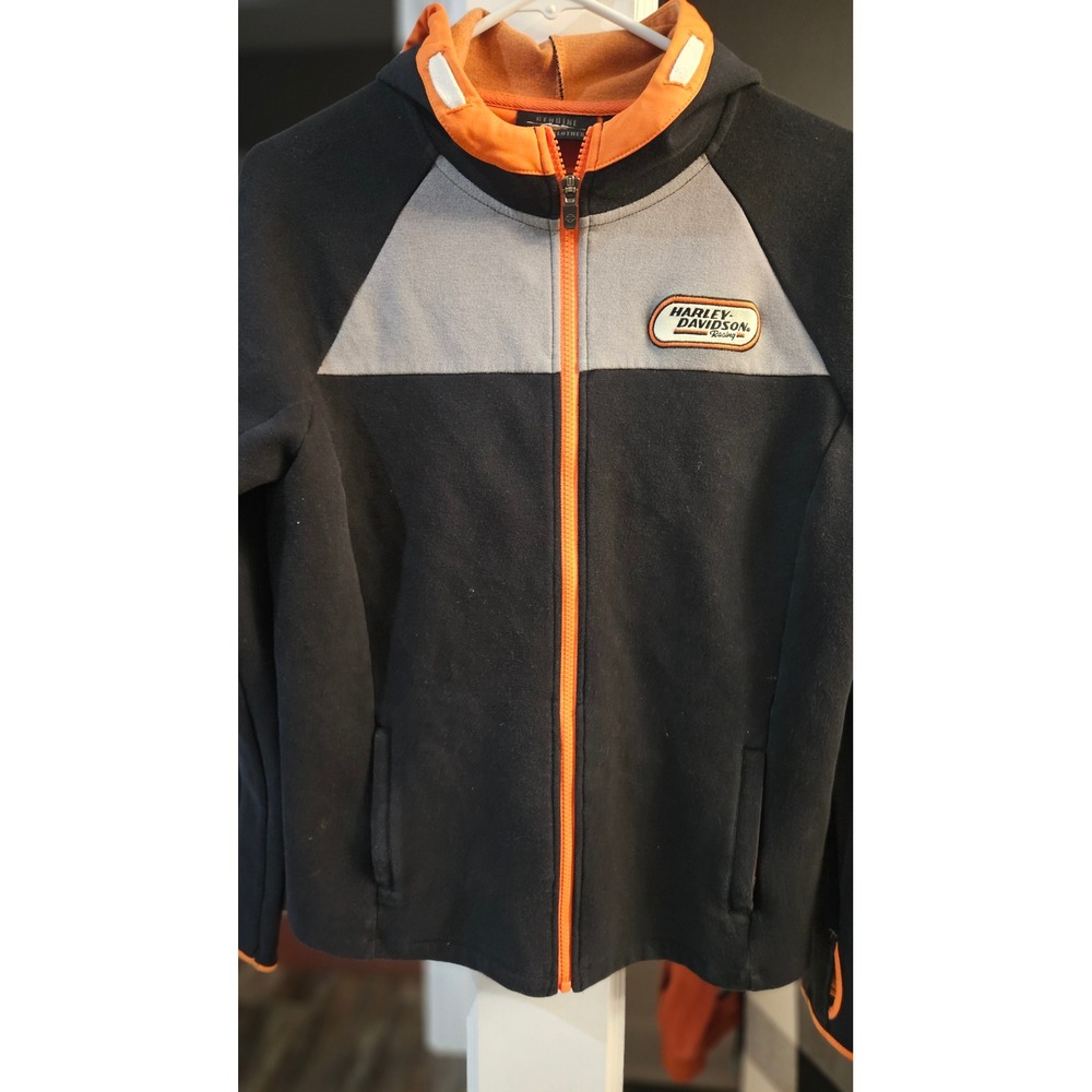 Harley Davidson Racing Hoodie Womens Medium Black Orange Zip Up Thumbholes Moto